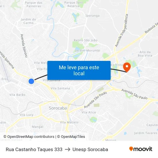Rua Castanho Taques 333 to Unesp Sorocaba map