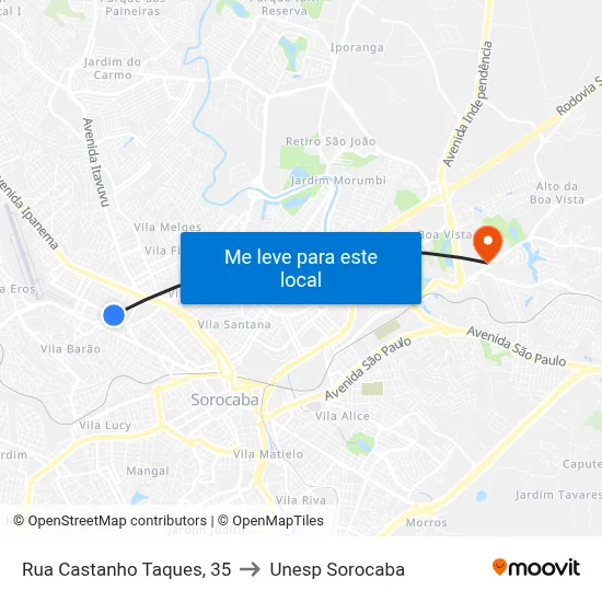 Rua Castanho Taques, 35 to Unesp Sorocaba map