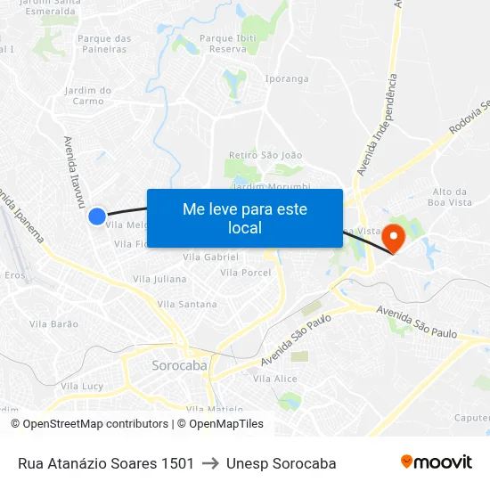 Rua Atanázio Soares 1501 to Unesp Sorocaba map