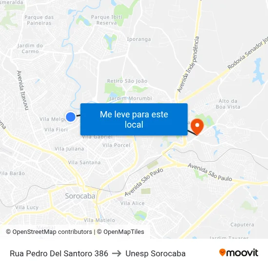 Rua Pedro Del Santoro 386 to Unesp Sorocaba map