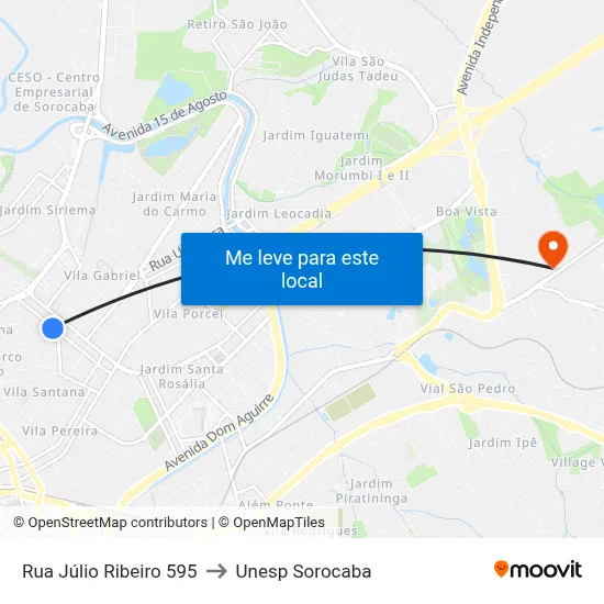 Rua Júlio Ribeiro 595 to Unesp Sorocaba map
