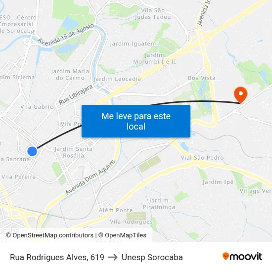 Rua Rodrigues Alves, 619 to Unesp Sorocaba map