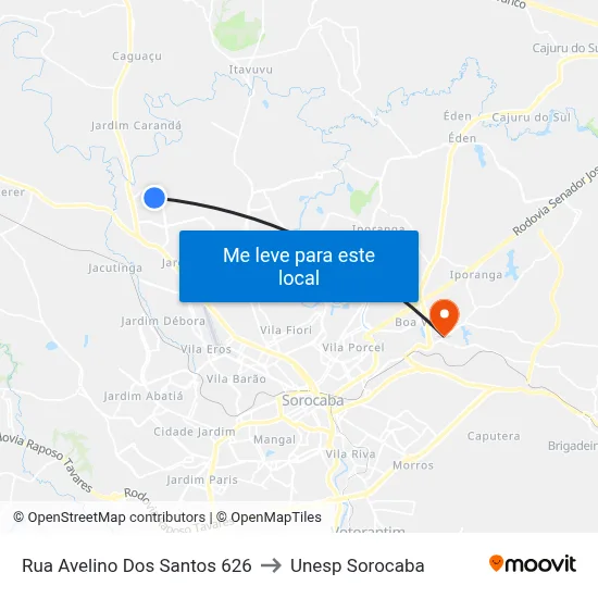 Rua Avelino Dos Santos 626 to Unesp Sorocaba map