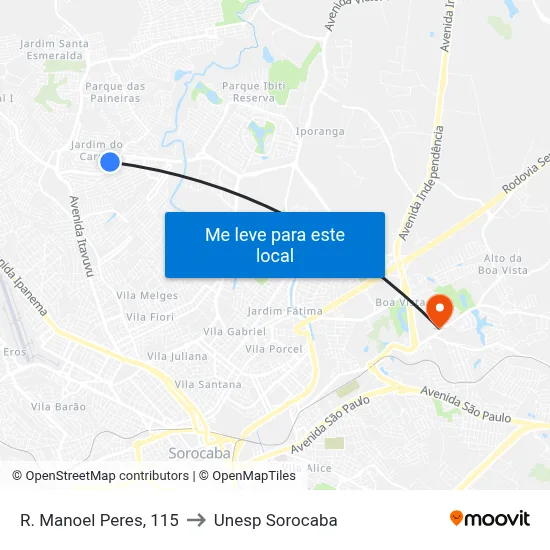 R. Manoel Peres, 115 to Unesp Sorocaba map