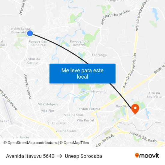 Avenida Itavuvu 5640 to Unesp Sorocaba map