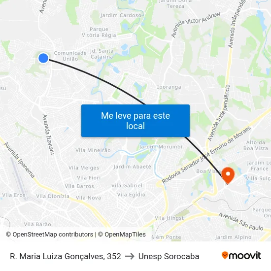 R. Maria Luiza Gonçalves, 352 to Unesp Sorocaba map