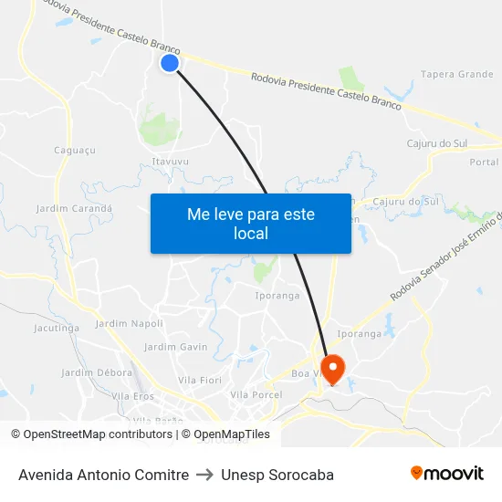 Avenida Antonio Comitre to Unesp Sorocaba map