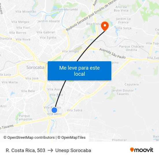 R. Costa Rica, 503 to Unesp Sorocaba map