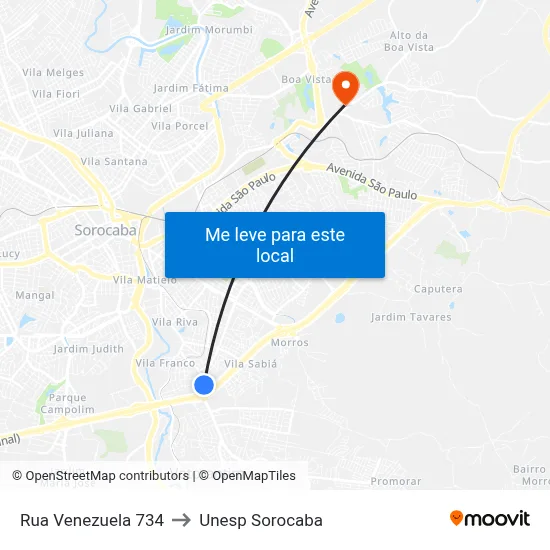 Rua Venezuela 734 to Unesp Sorocaba map