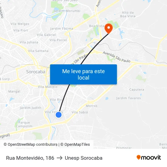 Rua Montevidéo, 186 to Unesp Sorocaba map