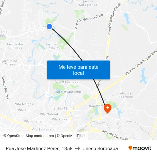 Rua José Martinez Peres, 1358 to Unesp Sorocaba map