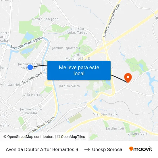Avenida Doutor Artur Bernardes 933 to Unesp Sorocaba map