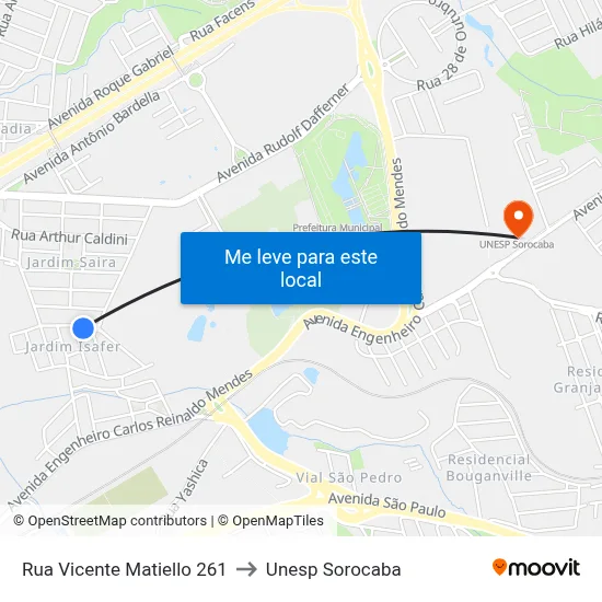 Rua Vicente Matiello 261 to Unesp Sorocaba map