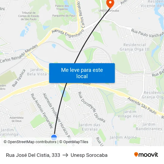 Rua José Del Cistia, 333 to Unesp Sorocaba map