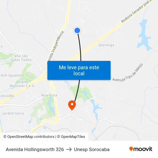 Avenida Hollingsworth 326 to Unesp Sorocaba map