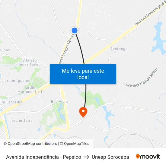 Avenida Independência - Pepsico to Unesp Sorocaba map