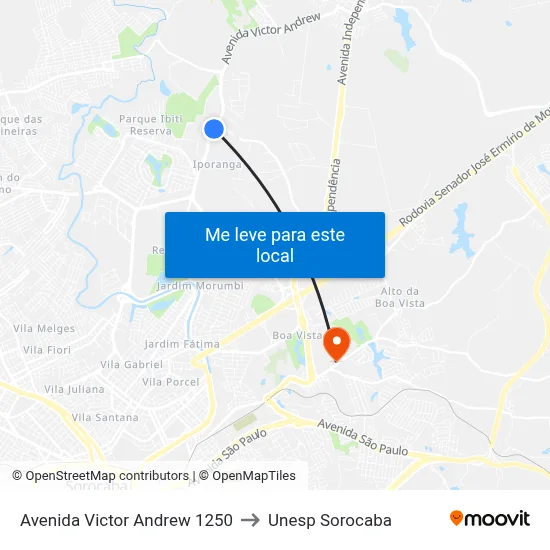 Avenida Victor Andrew 1250 to Unesp Sorocaba map