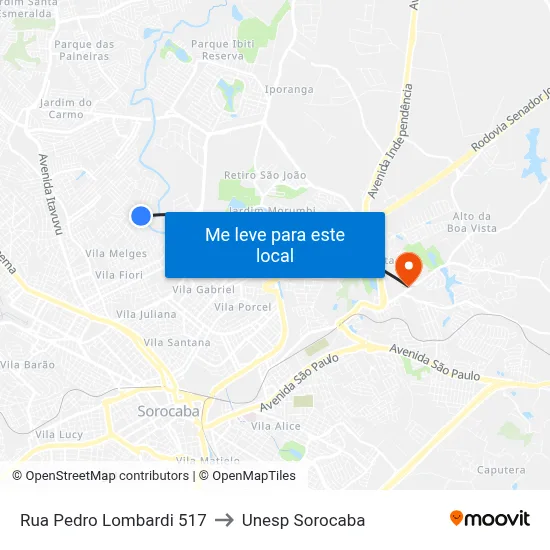 Rua Pedro Lombardi 517 to Unesp Sorocaba map