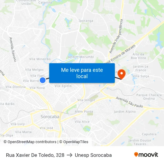 Rua  Xavier De Toledo, 328 to Unesp Sorocaba map