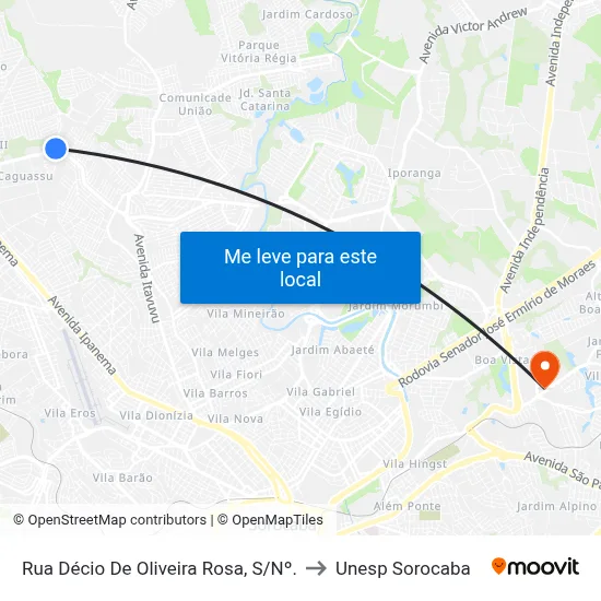 Rua  Décio De Oliveira Rosa, S/Nº. to Unesp Sorocaba map