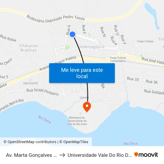 Av. Marta Gonçalves Reis, 46 | Bar to Universidade Vale Do Rio Doce - Campus II map