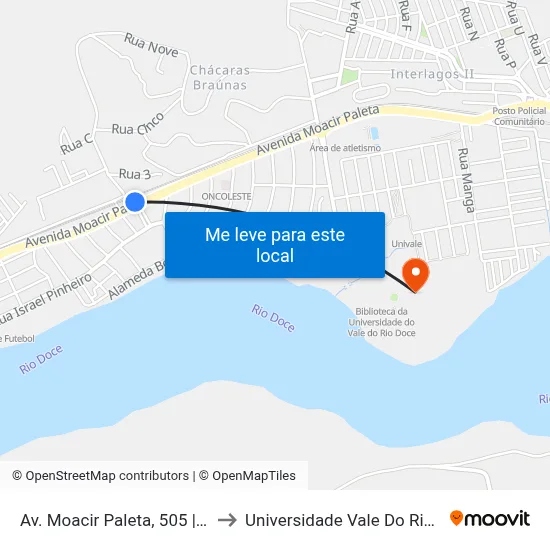 Av. Moacir Paleta, 505 | Posto Açucareira to Universidade Vale Do Rio Doce - Campus II map