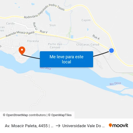 Av. Moacir Paleta, 4455 | Ponto Final Do Capim to Universidade Vale Do Rio Doce - Campus II map