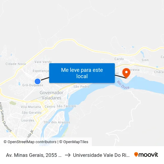 Av. Minas Gerais, 2055 | Pizzaria Mondial to Universidade Vale Do Rio Doce - Campus II map