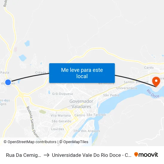 Rua Da Cemig, 580 to Universidade Vale Do Rio Doce - Campus II map