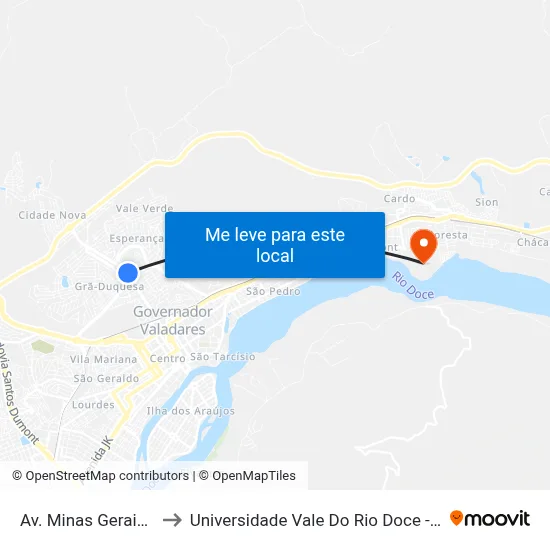 Av. Minas Gerais, 2052 to Universidade Vale Do Rio Doce - Campus II map