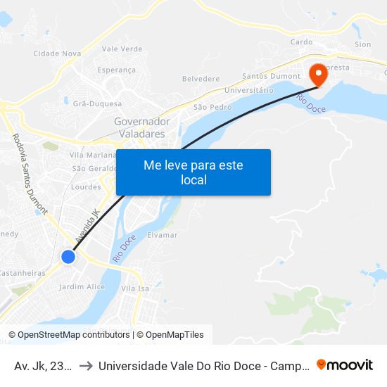 Av. Jk, 2397 to Universidade Vale Do Rio Doce - Campus II map