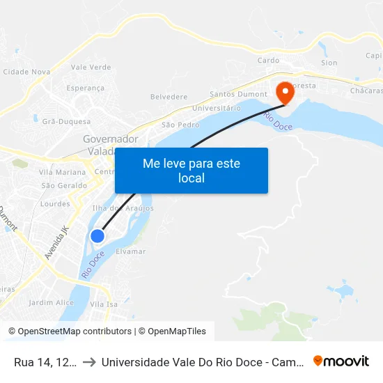 Rua 14, 1230 to Universidade Vale Do Rio Doce - Campus II map