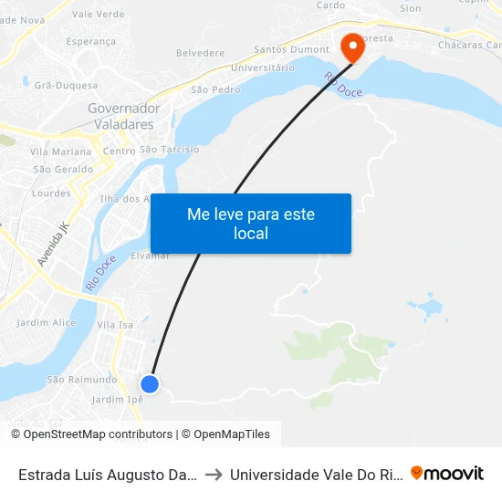 Estrada Luís Augusto Da Silva, Km 0,4 Oeste to Universidade Vale Do Rio Doce - Campus II map