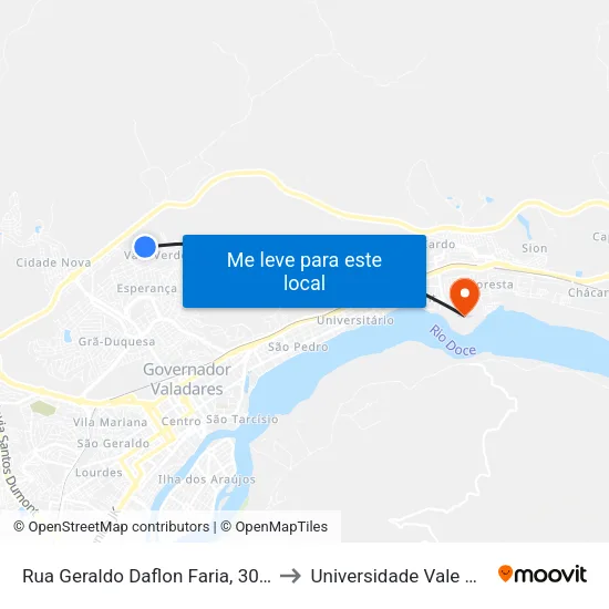 Rua Geraldo Daflon Faria, 309 | Ponto Final Do Grã-Duquesa to Universidade Vale Do Rio Doce - Campus II map