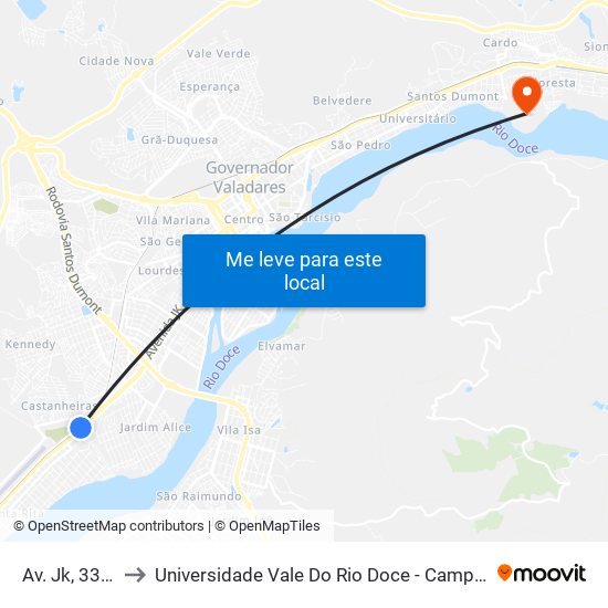 Av. Jk, 3300 to Universidade Vale Do Rio Doce - Campus II map