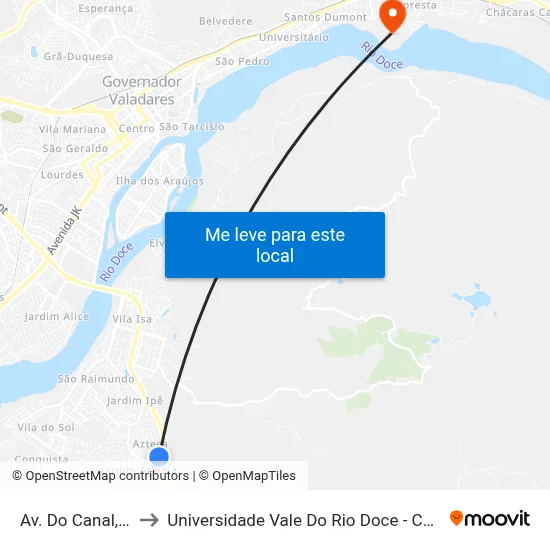 Av. Do Canal, 160 to Universidade Vale Do Rio Doce - Campus II map