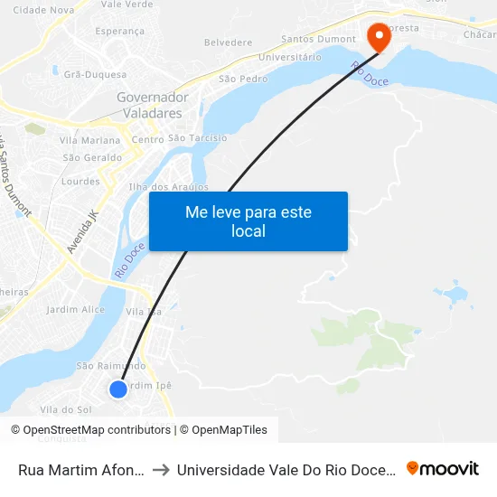 Rua Martim Afonso, 317 to Universidade Vale Do Rio Doce - Campus II map