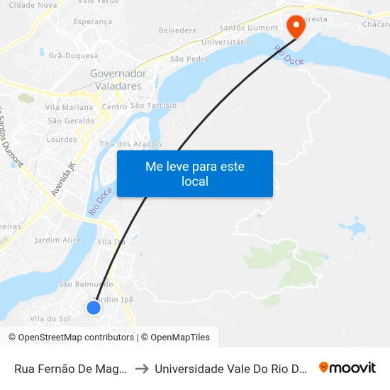 Rua Fernão De Magalhães, 665 to Universidade Vale Do Rio Doce - Campus II map