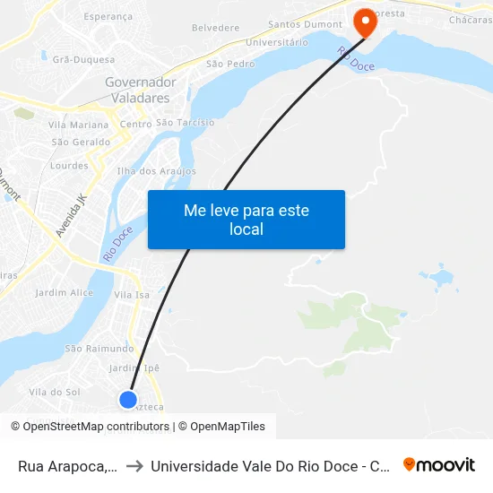 Rua Arapoca, 200 to Universidade Vale Do Rio Doce - Campus II map