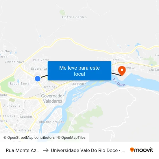 Rua Monte Azul, 46 to Universidade Vale Do Rio Doce - Campus II map