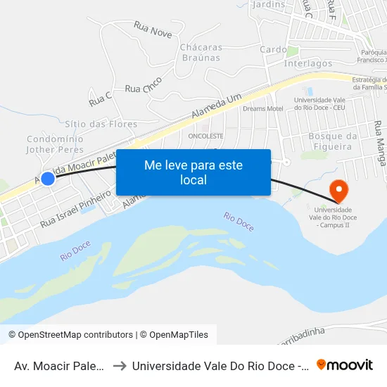 Av. Moacir Paleta, 336 to Universidade Vale Do Rio Doce - Campus II map