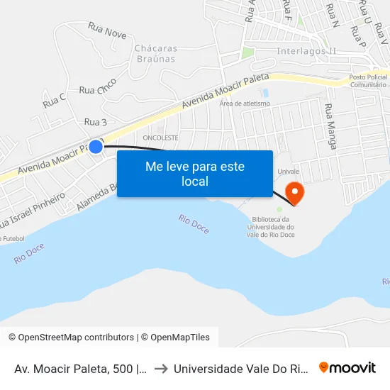 Av. Moacir Paleta, 500 | Posto Açucareira to Universidade Vale Do Rio Doce - Campus II map