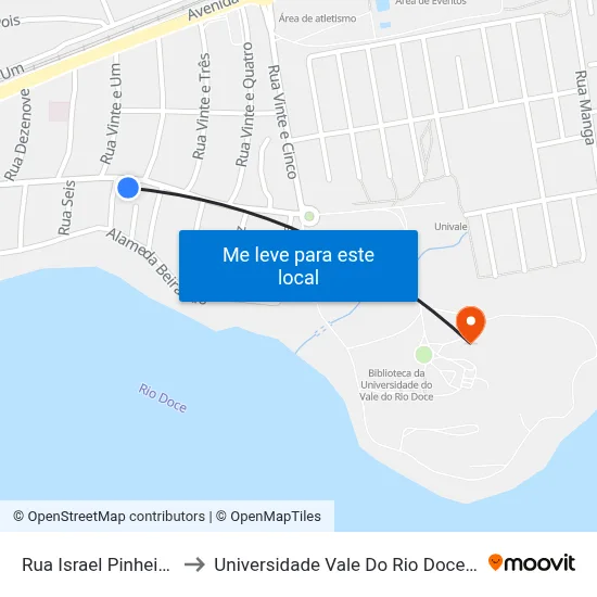 Rua Israel Pinheiro, 1630 to Universidade Vale Do Rio Doce - Campus II map