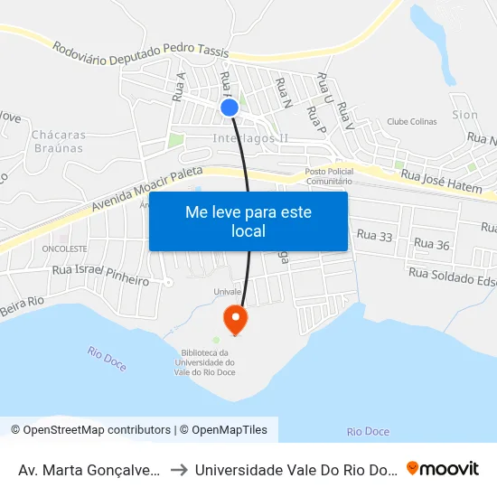 Av. Marta Gonçalves Reis, 105 to Universidade Vale Do Rio Doce - Campus II map