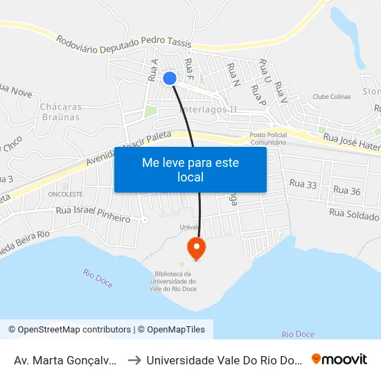 Av. Marta Gonçalves Reis, 55 to Universidade Vale Do Rio Doce - Campus II map