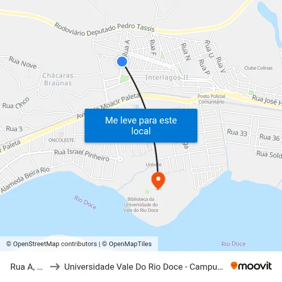 Rua A, 55 to Universidade Vale Do Rio Doce - Campus II map