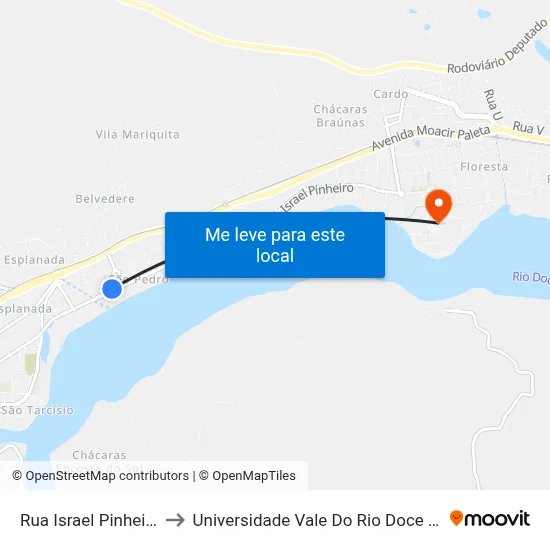 Rua Israel Pinheiro, 878 to Universidade Vale Do Rio Doce - Campus II map