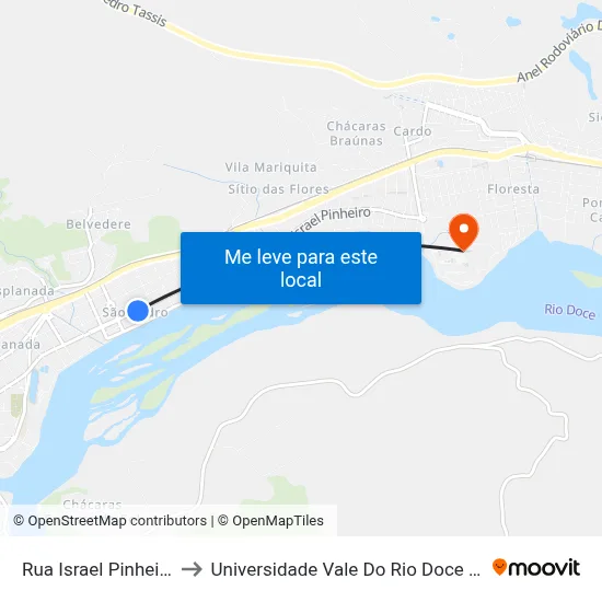 Rua Israel Pinheiro, 597 to Universidade Vale Do Rio Doce - Campus II map