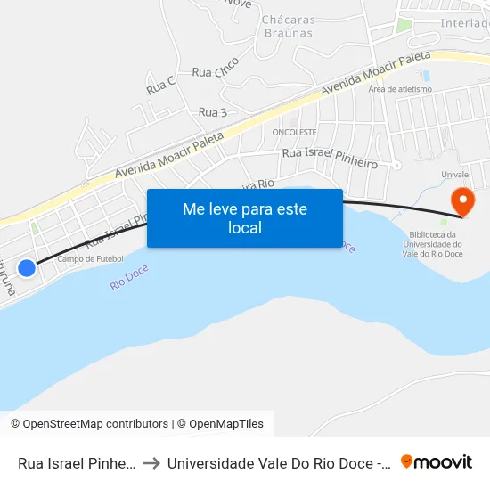 Rua Israel Pinheiro, 74 to Universidade Vale Do Rio Doce - Campus II map