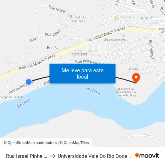 Rua Israel Pinheiro, 565 to Universidade Vale Do Rio Doce - Campus II map